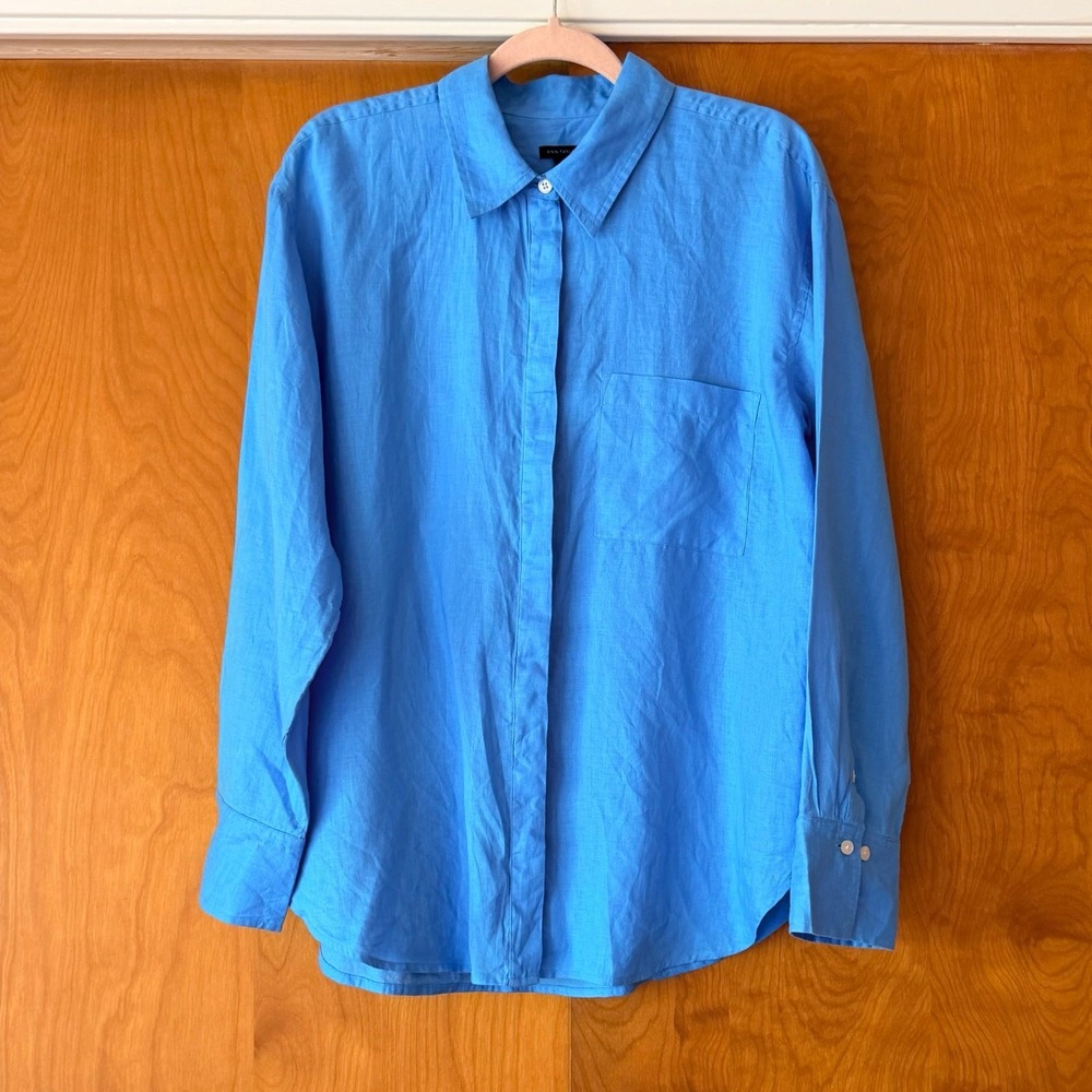 Ann Taylor Blue 100% Linen Long Sleeve Button Front Shirt Coastal Beach Size L